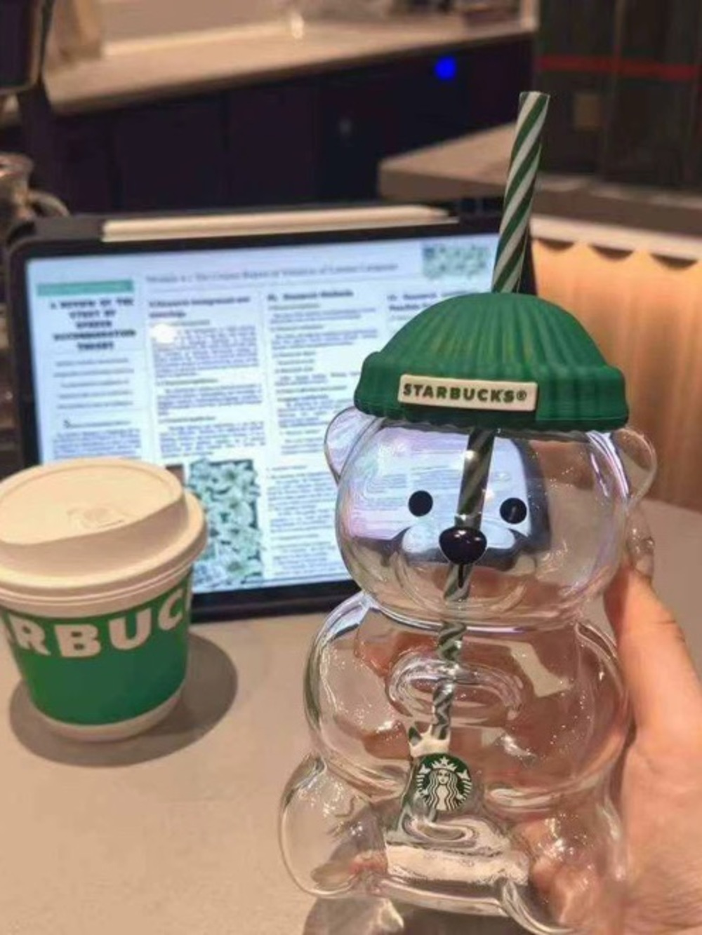 Starbucks Clear Bear Straw Cup with Green Beanie Lid and Striped Straw